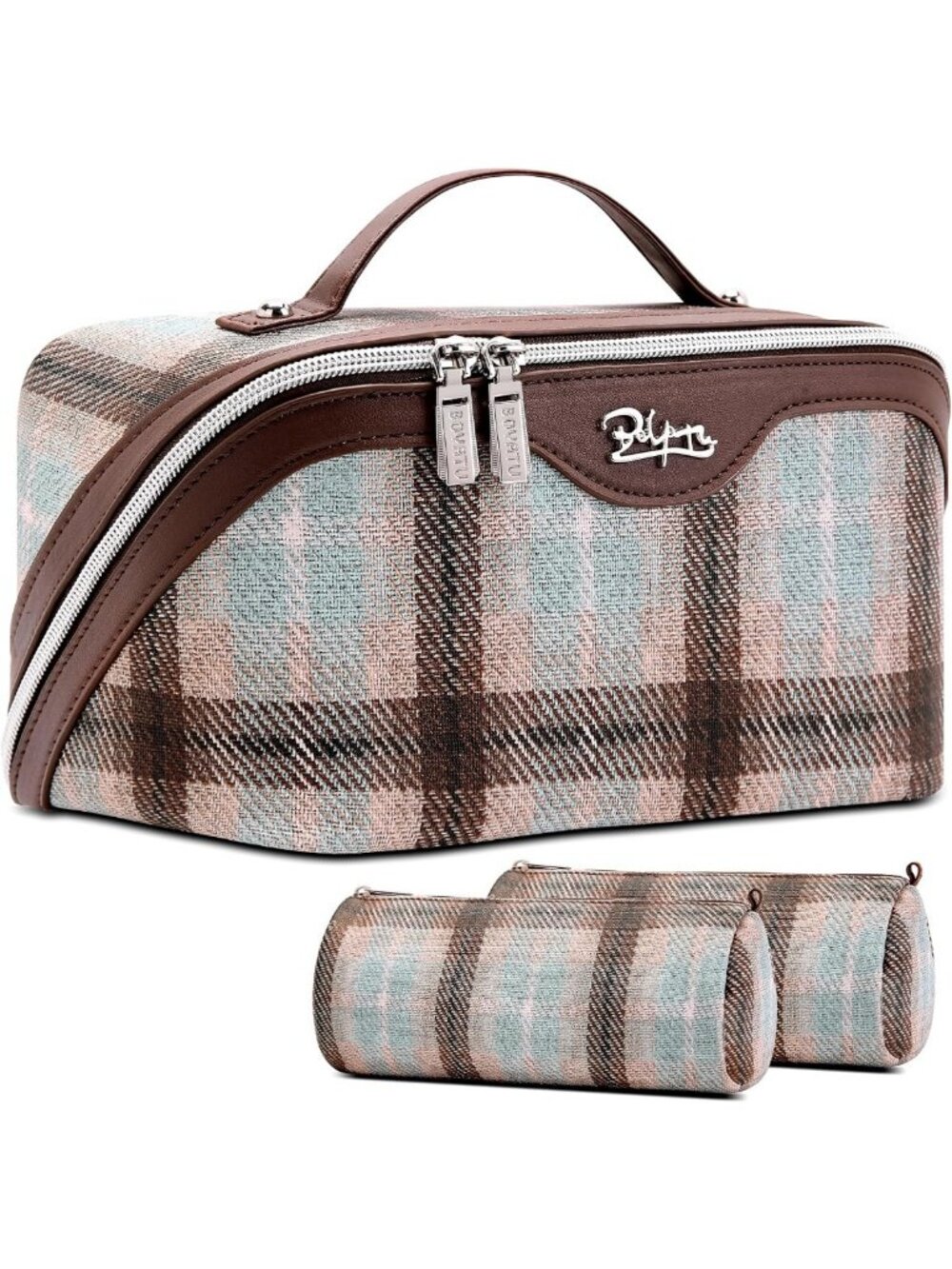 Travel Makeup Bag Set for Women - 3 Pcs Scottish Plaid Cosmetic Organizer